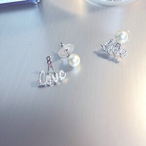 Silver and White Pearl Love Script Earrings